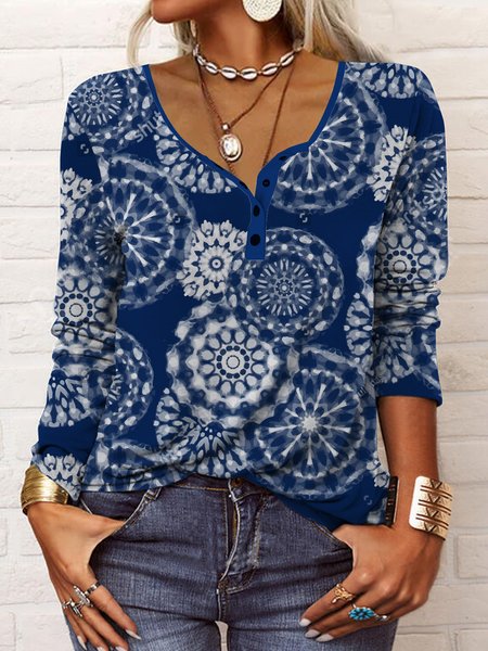 

Loose Half Turtleneck Casual Tie-Dye Pattern T-Shirt, Blue, T-Shirts