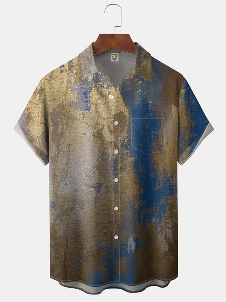 

Art Painting Chest Pocket Short Sleeve Casual Shirt, Blue, Short Sleeve Shirts