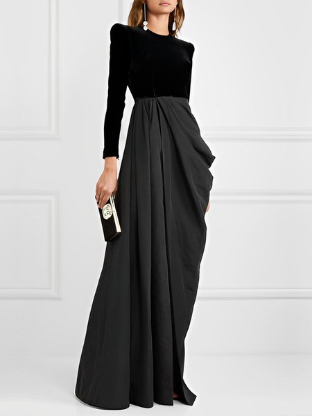 

Elegant Plain Split Joint Crew Neck Party Dress, Black, Maxi Dresses