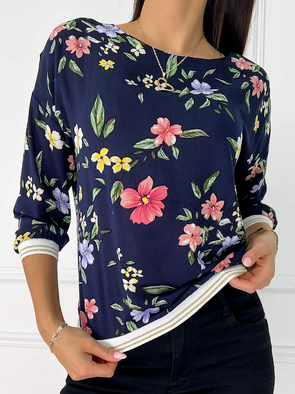 

Crew Neck Loose Floral Casual Sweatshirt, Dark blue, Tops