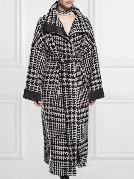 

Urban Houndstooth Shawl Collar Long Sleeve Overcoat, Black, Coats