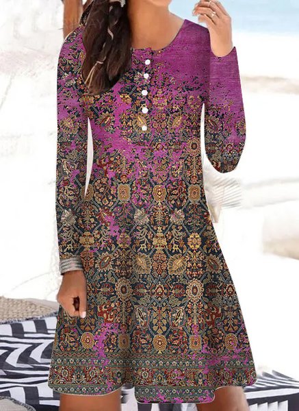 

Women’s Vintage Print Casual Crew Neck Dress, As picture, Dresses