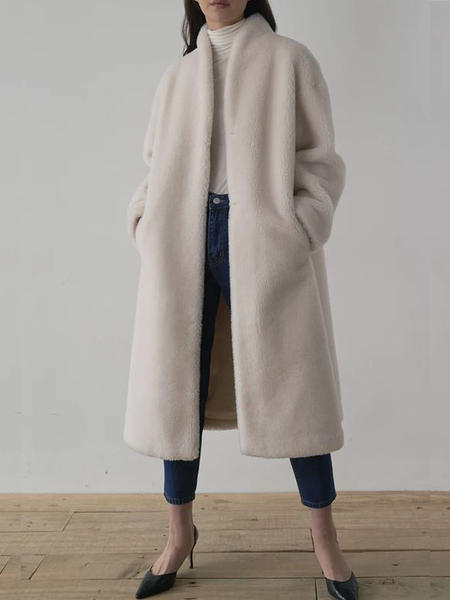 

Loose Urban Plain Teddy Long sleeve Mid-long Jacket, Off white, Cardigans