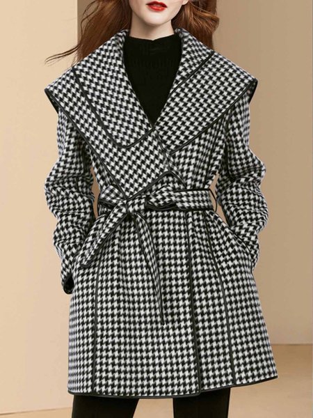 

Elegant Regular Fit Shawl Collar Houndstooth Overcoat, Black, Coats