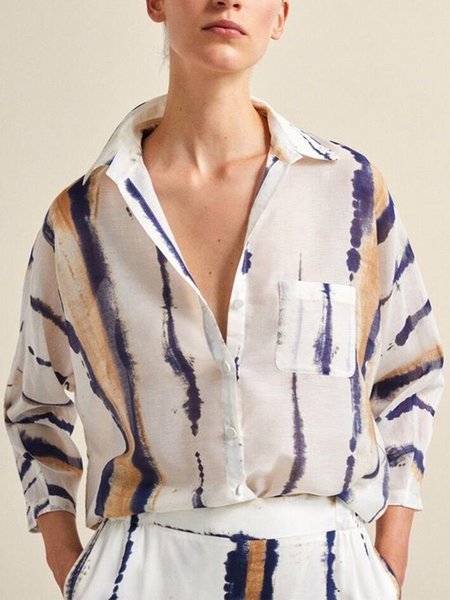 

Shawl Collar Tie-Dye Pattern Loose Casual Blouse, White, Shirts & Blouses