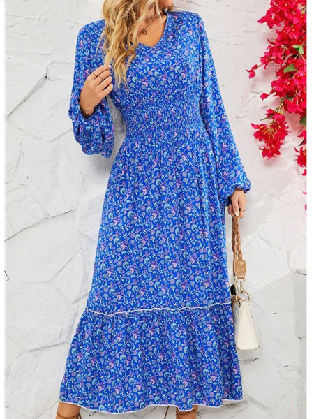 

Floral Loose V Neck Casual Dress, Blue, Dresses