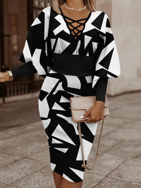 

Regular Fit Elegant Geometric Long Sleeve Midi Dress, Black-white, Midi Dresses