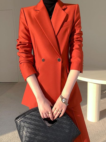 

Lapel Collar Casual Spring Plain Blazer, Orange red, Blazers