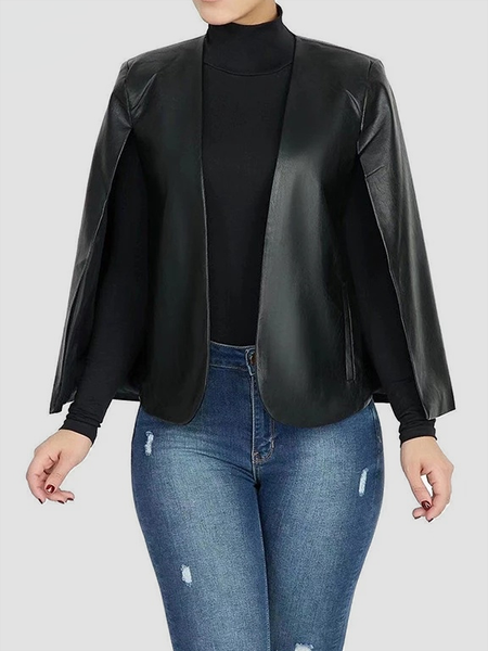 

V Neck Plain Loose Urban Long sleeve Jacket, Black, Jackets