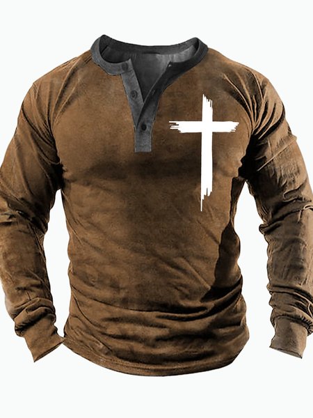

Men's Religious Belief Cross Graphic Print Casual Half Turtleneck Regular Fit Top, Khaki, Long Sleeves