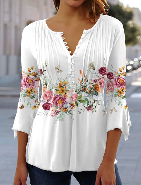 

Floral V Neck Regular Fit Casual Top, White, Tunics