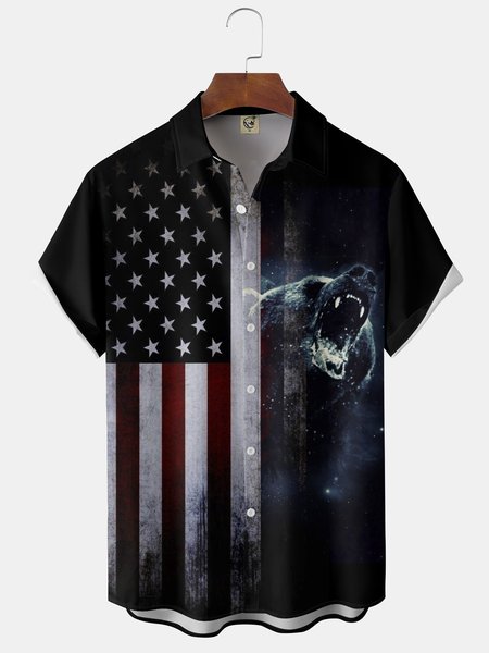 

American Flag Brown Bear Chest Pocket Short Sleeve Shirt, Black, Men Shirts