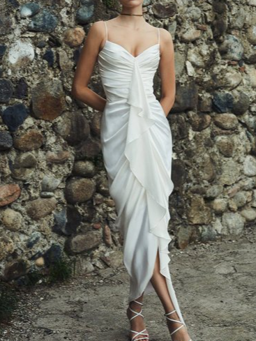

Elegant Regular Fit Satin Plain Dress & Party Dress, White, Maxi Dresses