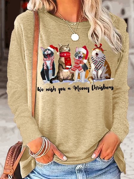 

Women's Christmas cat lover Letters Print Casual Top, Apricot, Long sleeves
