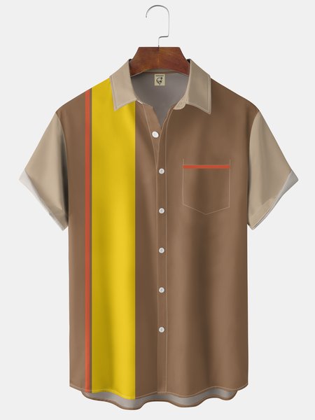 

Color block Chest Pocket Short Sleeve Bowling Shirt, Brown, Men Shirts