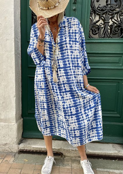 

Regular Fit Casual Tie-Dye Pattern V Neck Dress, Blue, Dresses