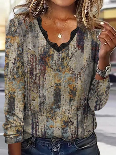 

V Neck Regular Fit Ethnic Ombre Top, Khaki, Tops