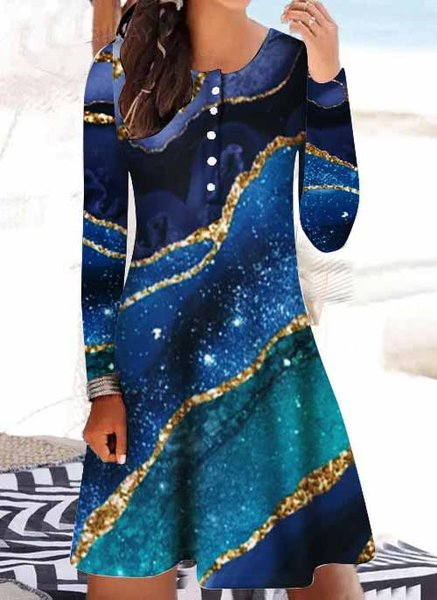 

Women's Regular Fit Buttons Crew Neck Geometric Casual Dress, Blue, Dresses