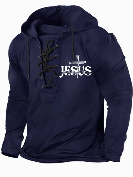 

Men’s Jesus The Way The Truth The Life Half Open Collar Text Letters Casual Regular Fit Sweatshirt, Deep blue, Hoodies&Sweatshirts