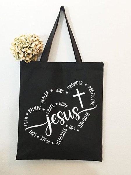 

Believe Grace Hope Jesus Faith Text Letters Casual Shopping Tote Bag, Black, Bags