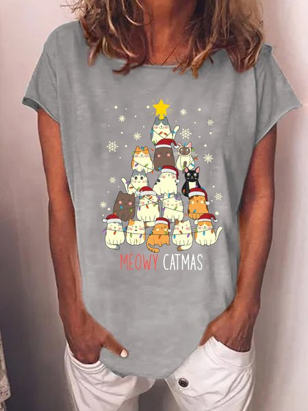 

Women‘s Funny Cat Christmas Cotton-Blend Loose Casual T-Shirt, Gray, T-shirts