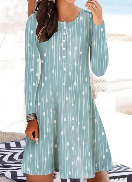 

Women's Buttons Crew Neck Casual Geometric Regular Fit Dress, Green, Dresses