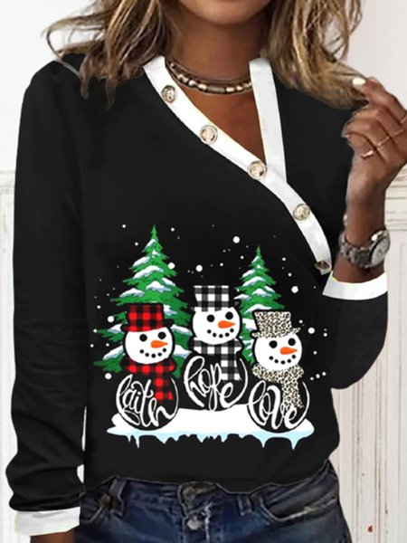 

Jersey Christmas Snowman Asymmetrical Casual T-Shirt, Black, T-shirts