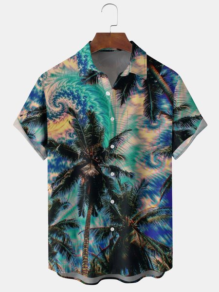 

Coconut Tree Colorful Sky Chest Pocket Short Sleeve Hawaiian Shirt, Blue, Men Shirts