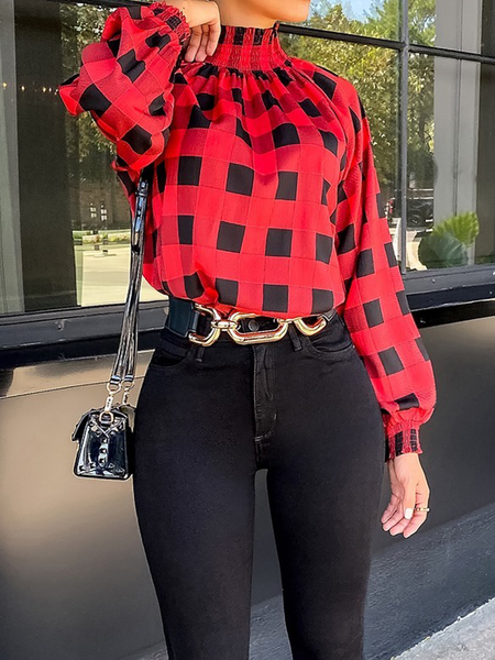 

Plaid Urban Turtleneck Long sleeve Regular Fit Blouse, Red, Blouses and Shirts