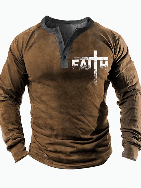 

Men's Religious Faith Cross Graphic Print Casual Half Turtleneck Regular Fit Top, Khaki, Long Sleeves