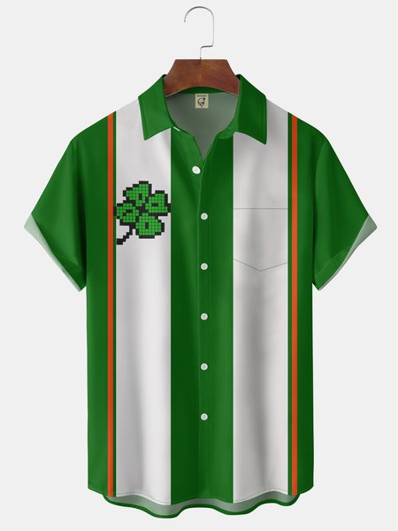

St Patricks Day Shamrock Pixel Chest Pocket Short Sleeve Bowling Shirt, Green, Short Sleeve Shirts