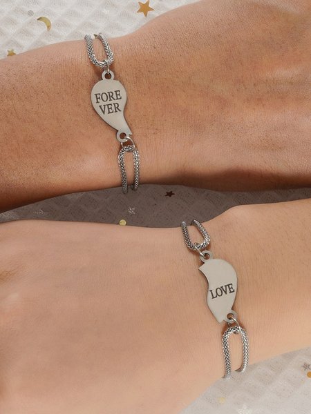 

2PcsForever Love Love Heart Pattern Couple Bracelet Set Valentine's Day Gift Jewelry, Silver, Bracelets