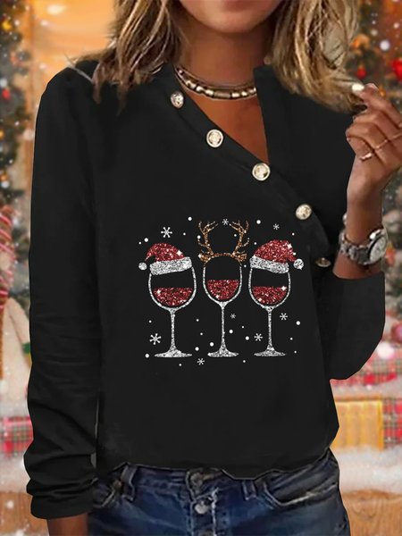 

Christmas Glass Casual Buckle Asymmetrical Jersey T-Shirt, Black, T-shirts