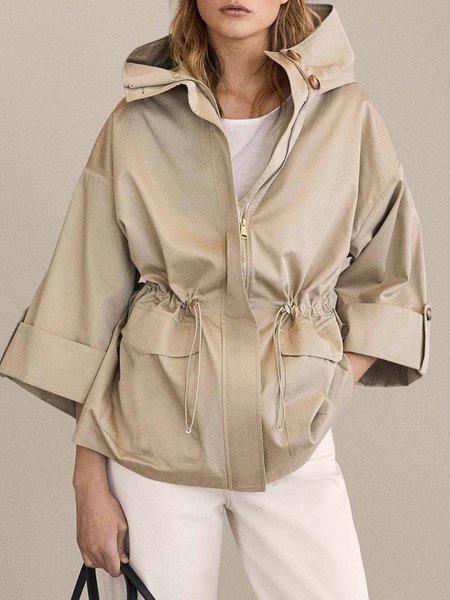 

Urban Plain Regular Fit Drawstring Hoodie Trench Coat, Khaki, Coats