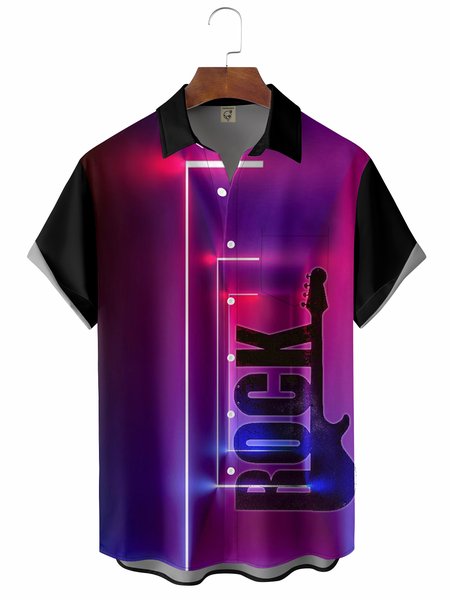

Rock Guitar Chest Pocket Short Sleeve Casual Shirt, Purple, Men Shirts