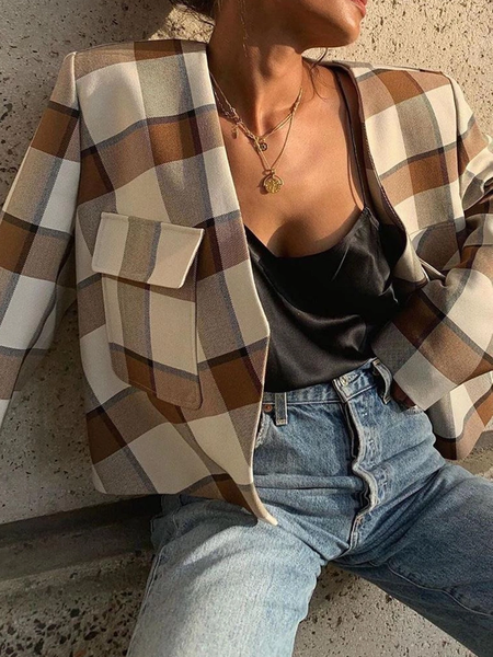 

Loose V Neck Urban Plaid V neck Long sleeve Jacket, Brown, Jackets