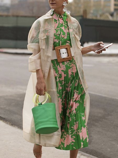 

Regular Fit Elegant Plants Short Sleeve Midi Dress, Green, Midi Dresses
