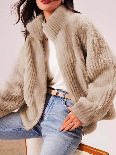 

Stand Collar Plain Long Sleeve Teddy Jacket, As picture, Others