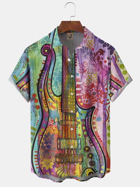 

Guitar Chest Pocket Short Sleeve Hawaiian Shirt, Multicolor, Men Shirts