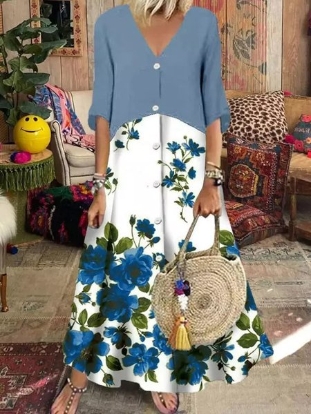 

V Neck Regular Fit Floral Casual Dress, Blue, Maxi Dresses