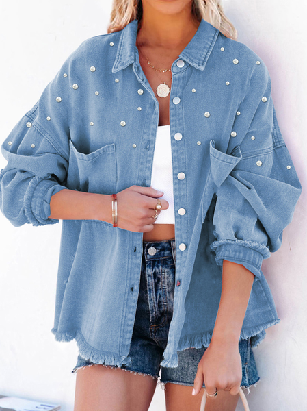 

Beaded Denim Loose Casual Plain Jacket, Blue, Jackets