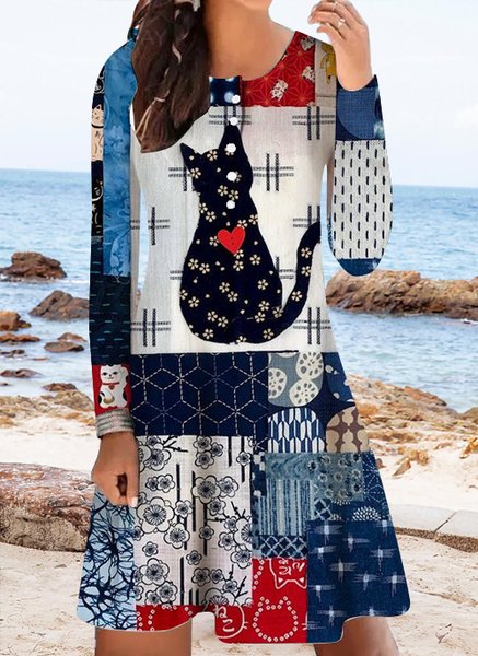 

Women's Cat Ethnic Abstract Casual Crew Neck Dress, As picture, Dresses