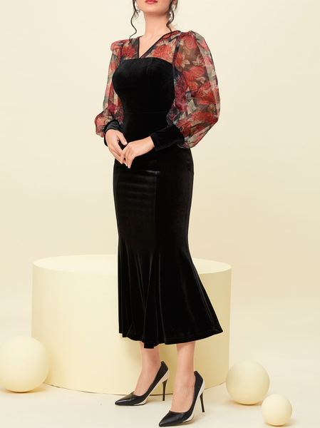 

Floral Print Lantern Sleeve Mermaid Hem Velvet Dress, Black, Maxi Dresses