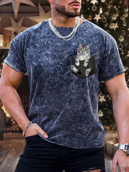 

Men’s Cat In The Pocket Pattern Crew Neck Regular Fit Casual T-Shirt, Deep blue, T-shirts