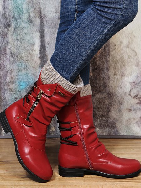 

Vintage Yarn Panel Side Zip Flat Boots, Wine red, Boots