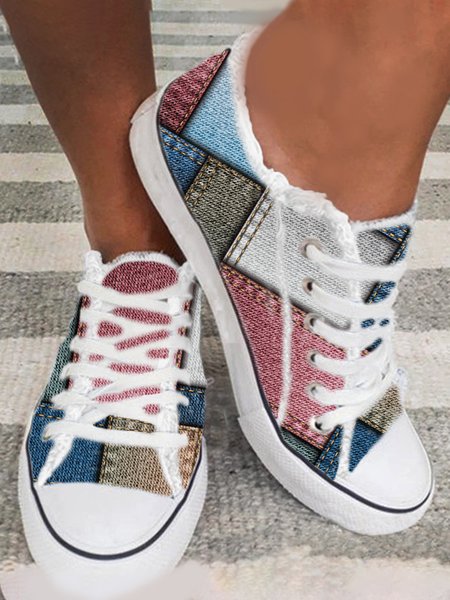 

Vintage Denim Panel Lightweight Breathable Lace-Up Canvas Sneakers, Multicolor, Sneakers