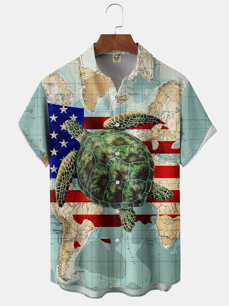 

Map American Flag Sea Turtle Chest Pocket Short Sleeve Hawaiian Shirt, Blue, Men Shirts