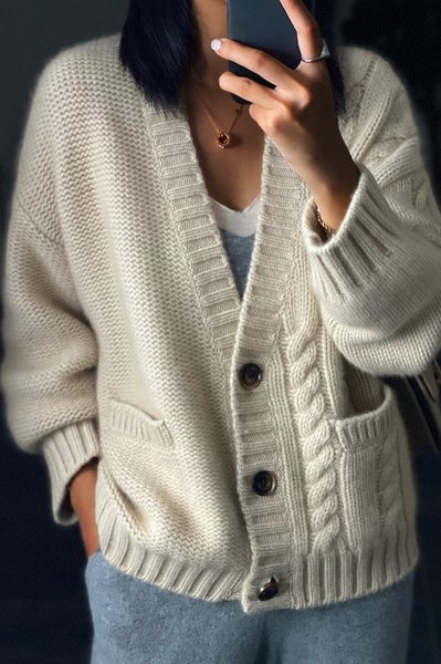 

V Neck Wool/Knitting Loose Casual Sweater Coat, Apricot, Cardigans