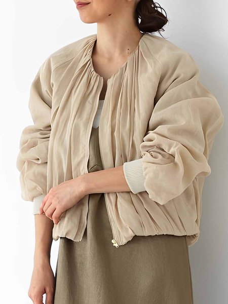 

Loose Urban Ruched Crew Neck Plain Jacket, Apricot, Jackets