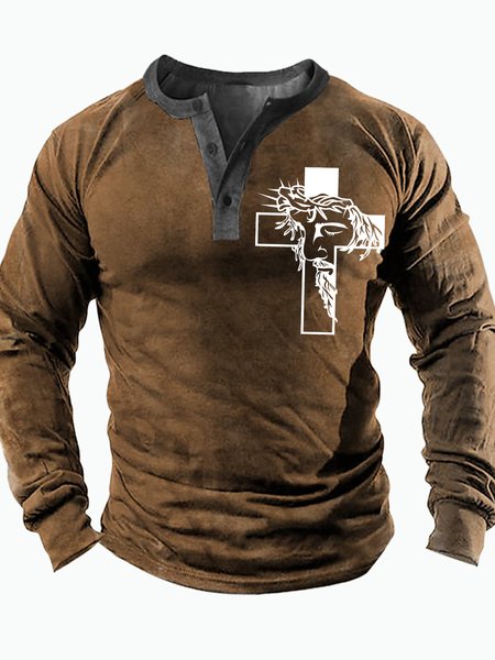 

Men's Religious Belief Cross Jesus Graphic Print Half Turtleneck Casual Regular Fit Top, Khaki, Long Sleeves